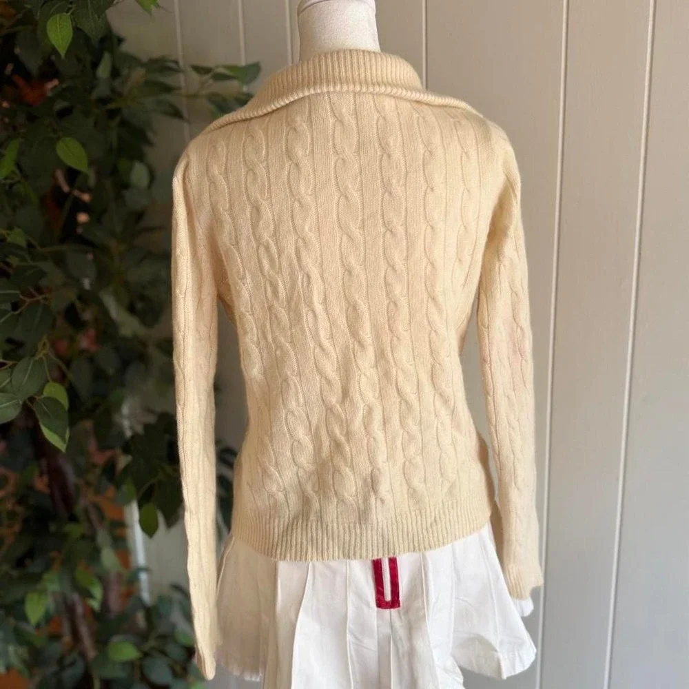 Evelyn Grace Cashmere Cable Knit V-Neck Sweater Cream Women's Size Medium